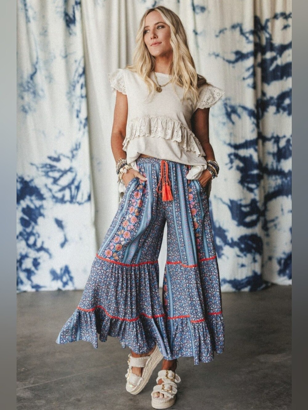 Three Bird Nest Kate Printed Blue Floral Wide-Leg Cropped Pants Size M